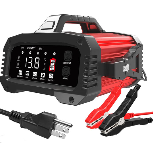E-FAST 25A Smart Car Battery Charger, 12V/24V Automatic Automotive Battery Maintainer & Desulfator with 200s Booster Mode - Adju