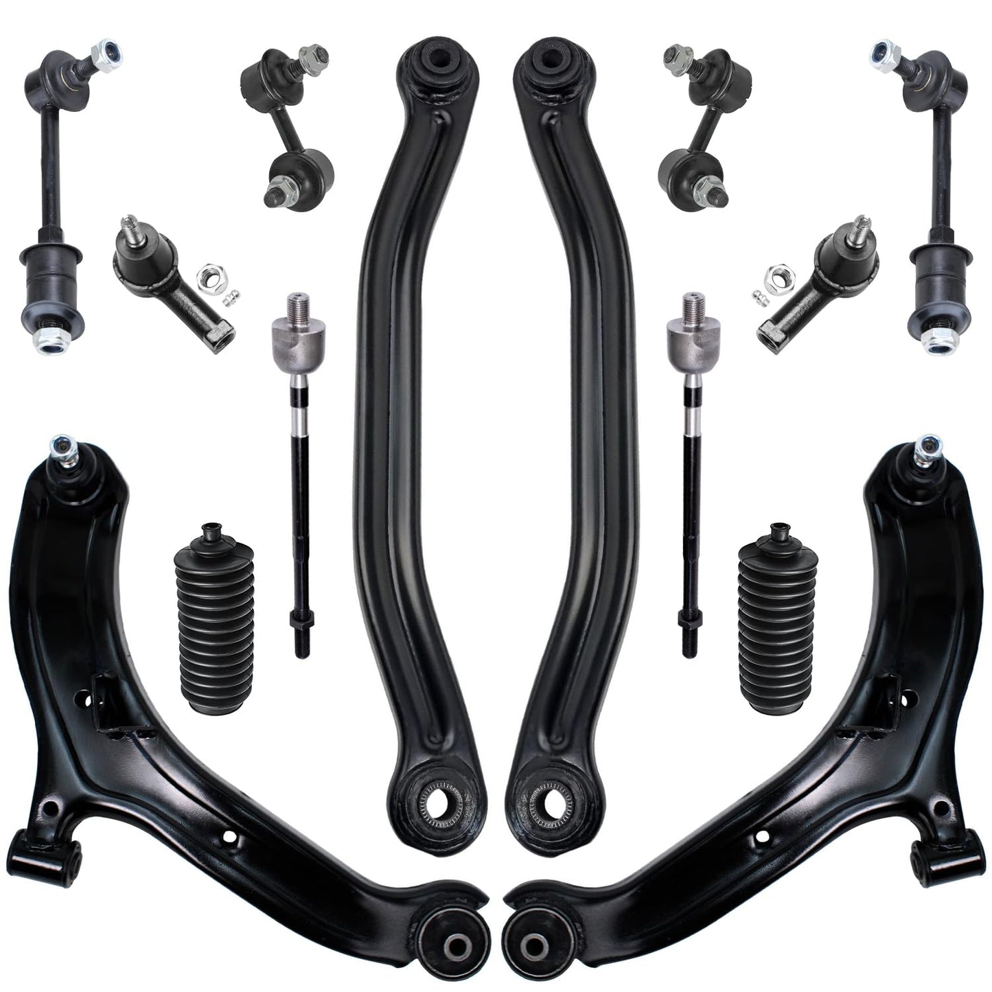 Detroit Axle - 14PC Front and Rear Lower Control Arms w/Sway Bars, Inner Outer Tie Rods and Rack Boots Replacement for 2000 2001