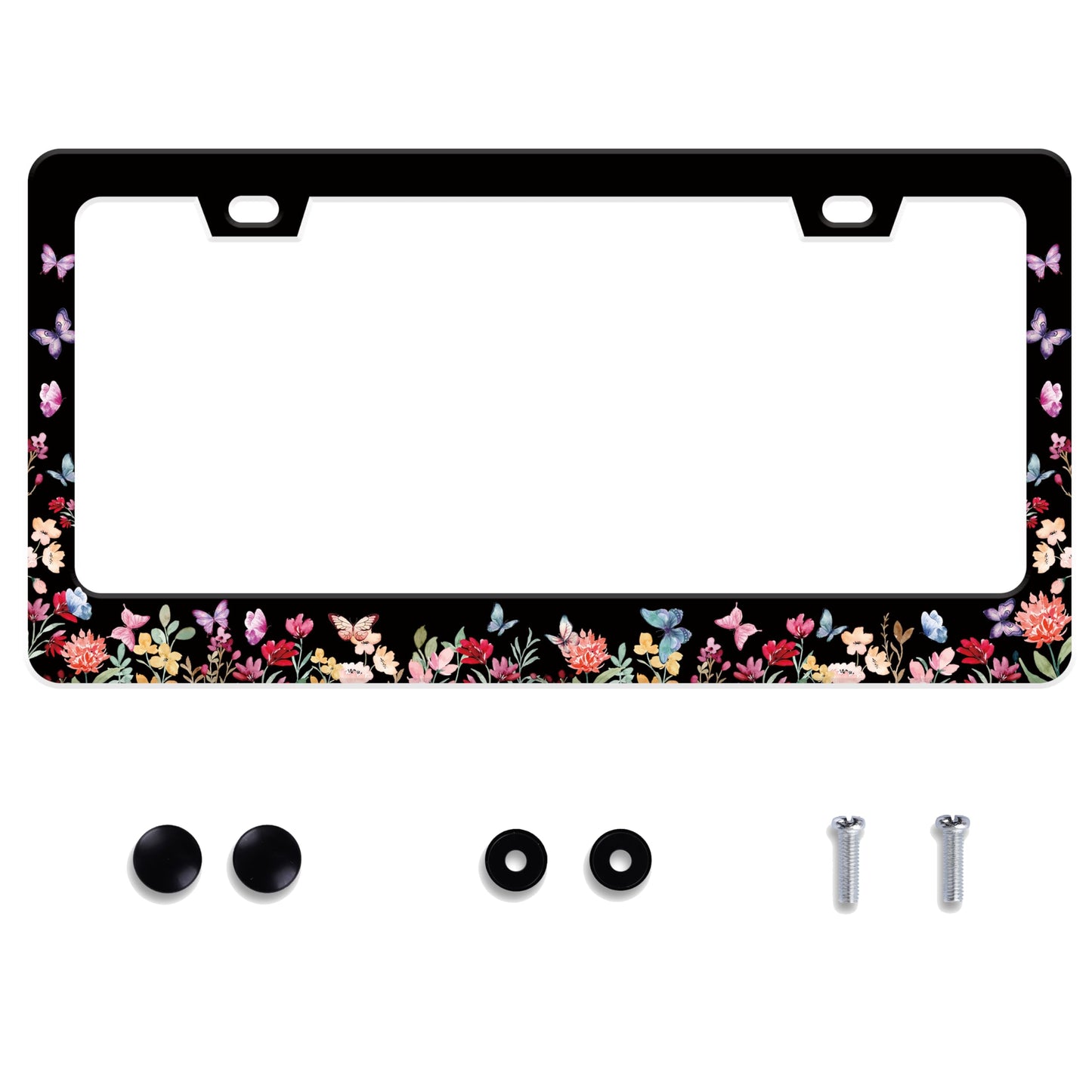 Butterfly Flower License Plate Frame Forest Flower Stainless Steel License Plate Frame Auto Parts Decoration with Screws License
